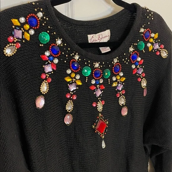 1980s Eddie Dassin Black Gem Glam Vintage Sweater Holiday - Picture 4 of 8
